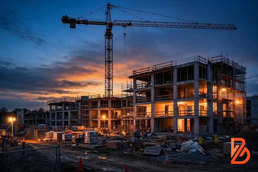New residential development under construction at dusk — pre-construction marketing by Built Digitally Canada New residential development under construction at dusk — pre-construction marketing by Built Digitally Canada